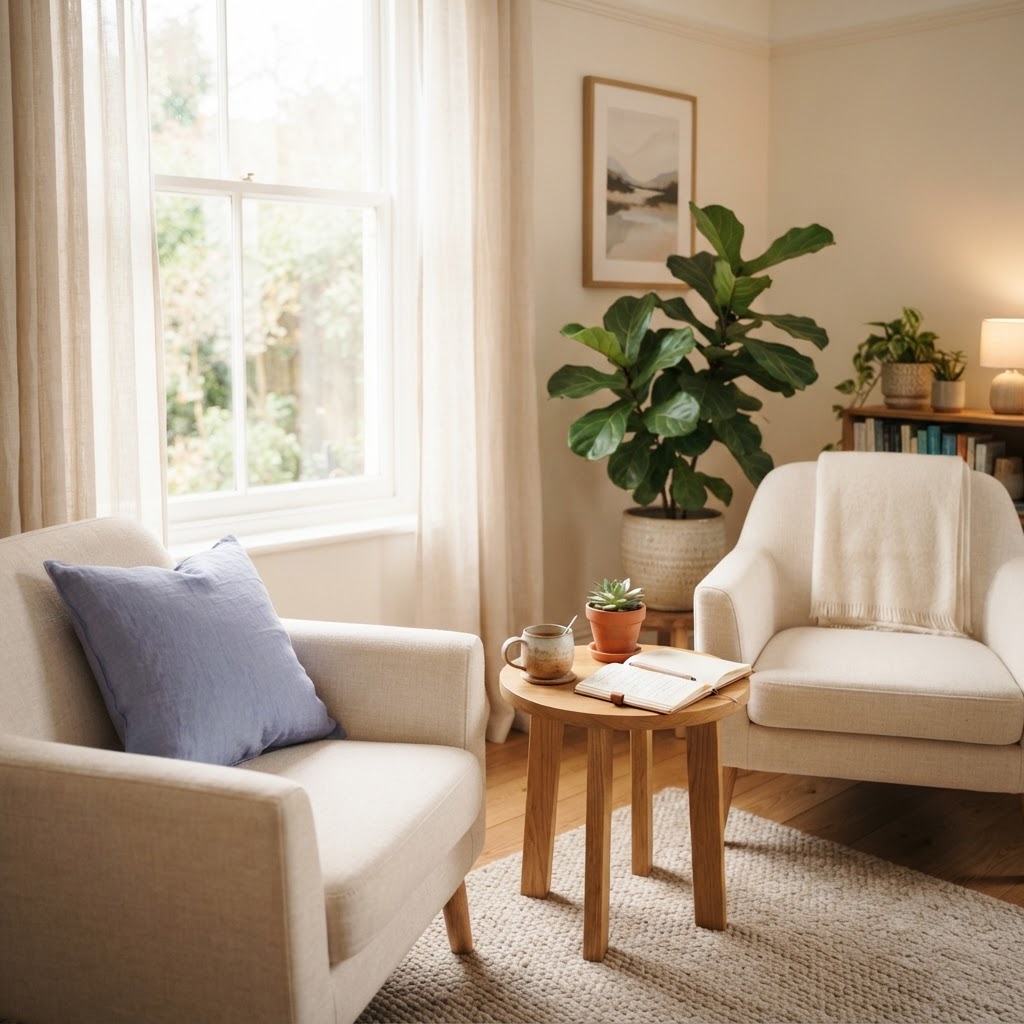 A calm therapy practice room with two soft armchairs by a bright window