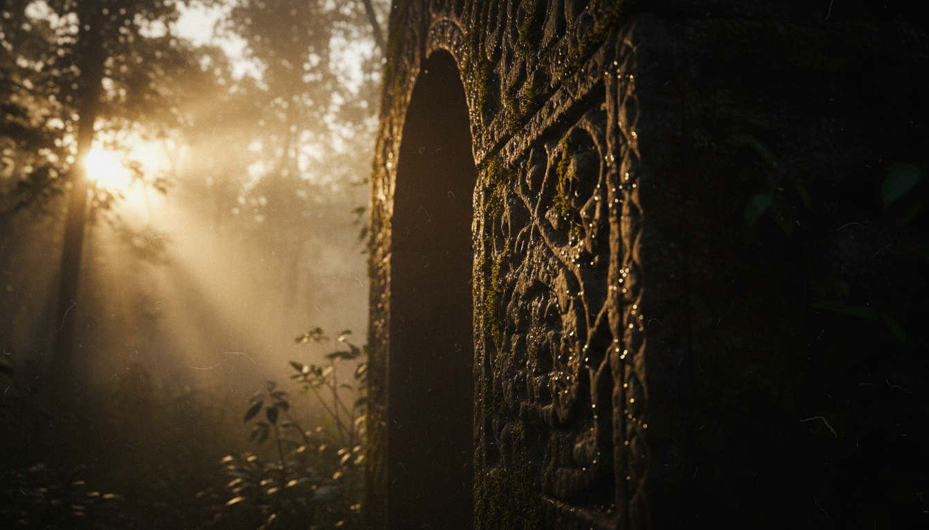 Sacred stone portal in morning fog