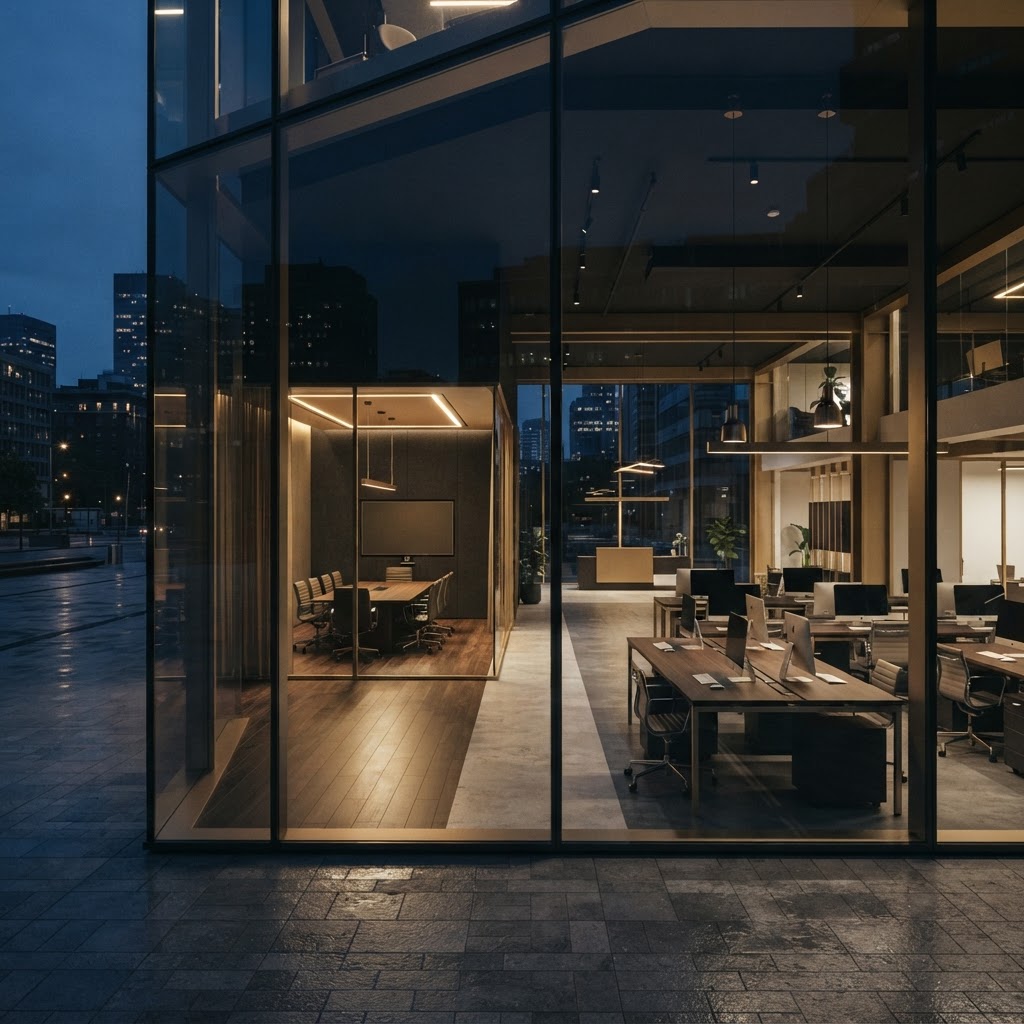 A modern corporate office interior lit at dusk