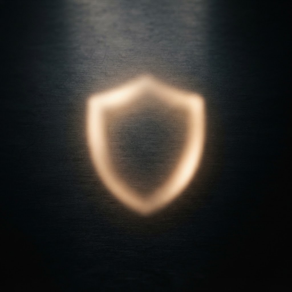 An abstract golden shield form over dark brushed metal