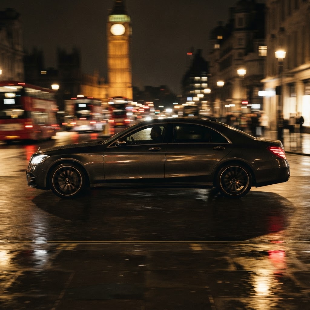 A dark executive saloon car on a city street at night