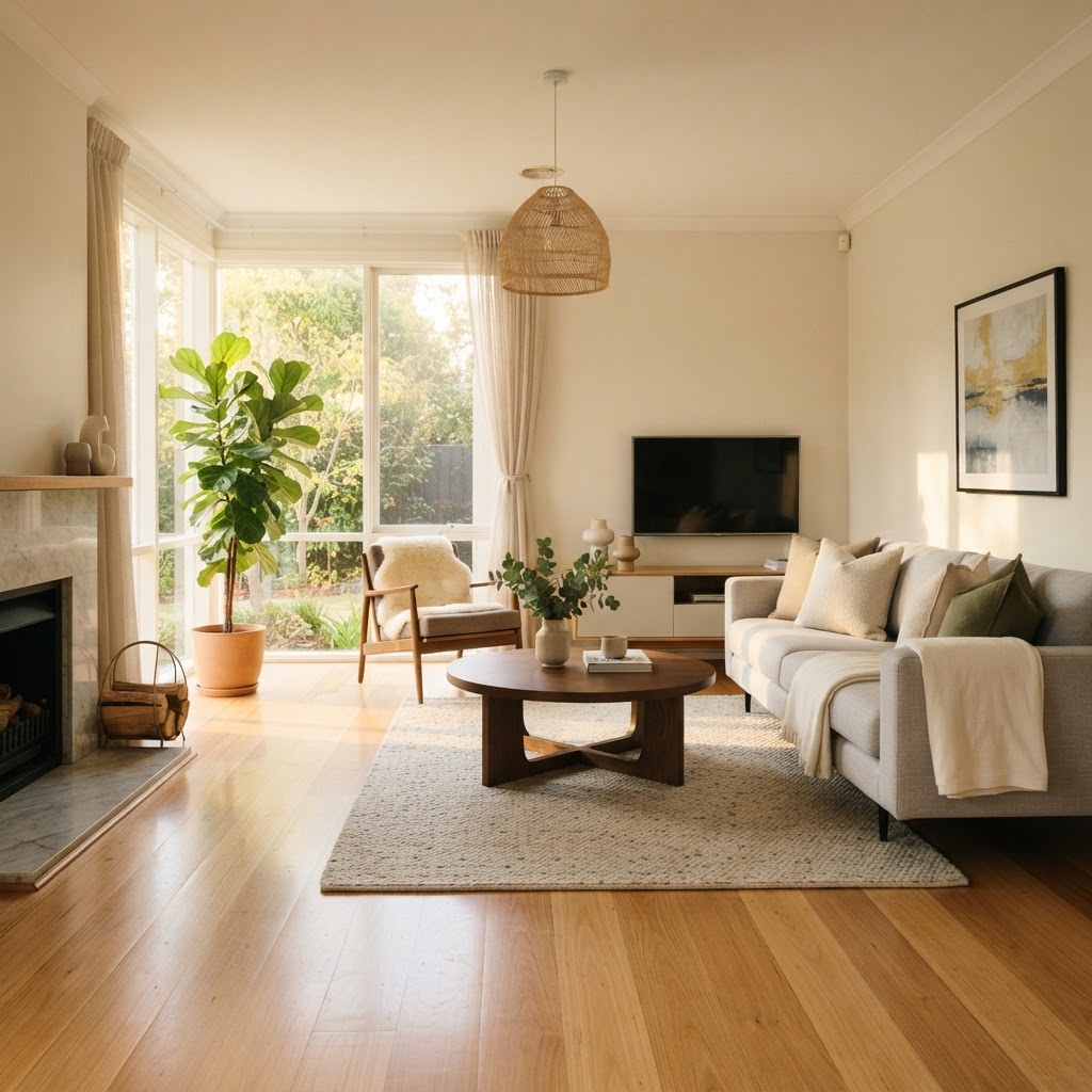 A spotless, brightly lit living room after a professional clean