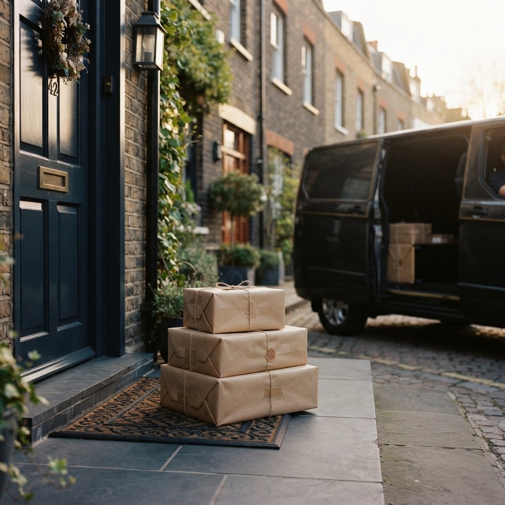 Neatly stacked parcels on a doorstep in warm morning light