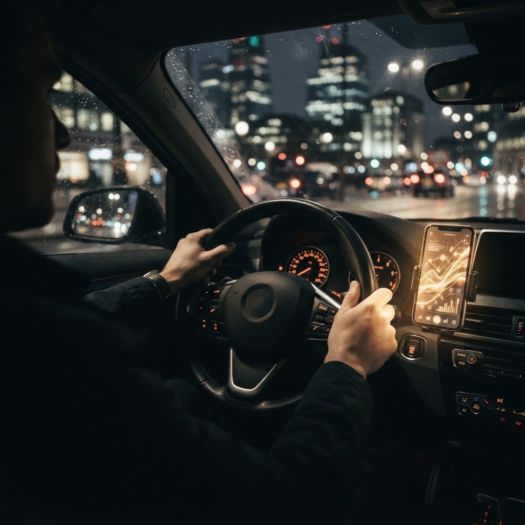 A driver at the wheel at night with a mounted phone glowing gold