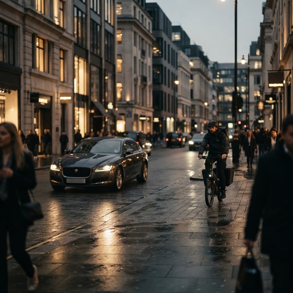 A city street at dusk with a car and a courier, lit in warm gold light