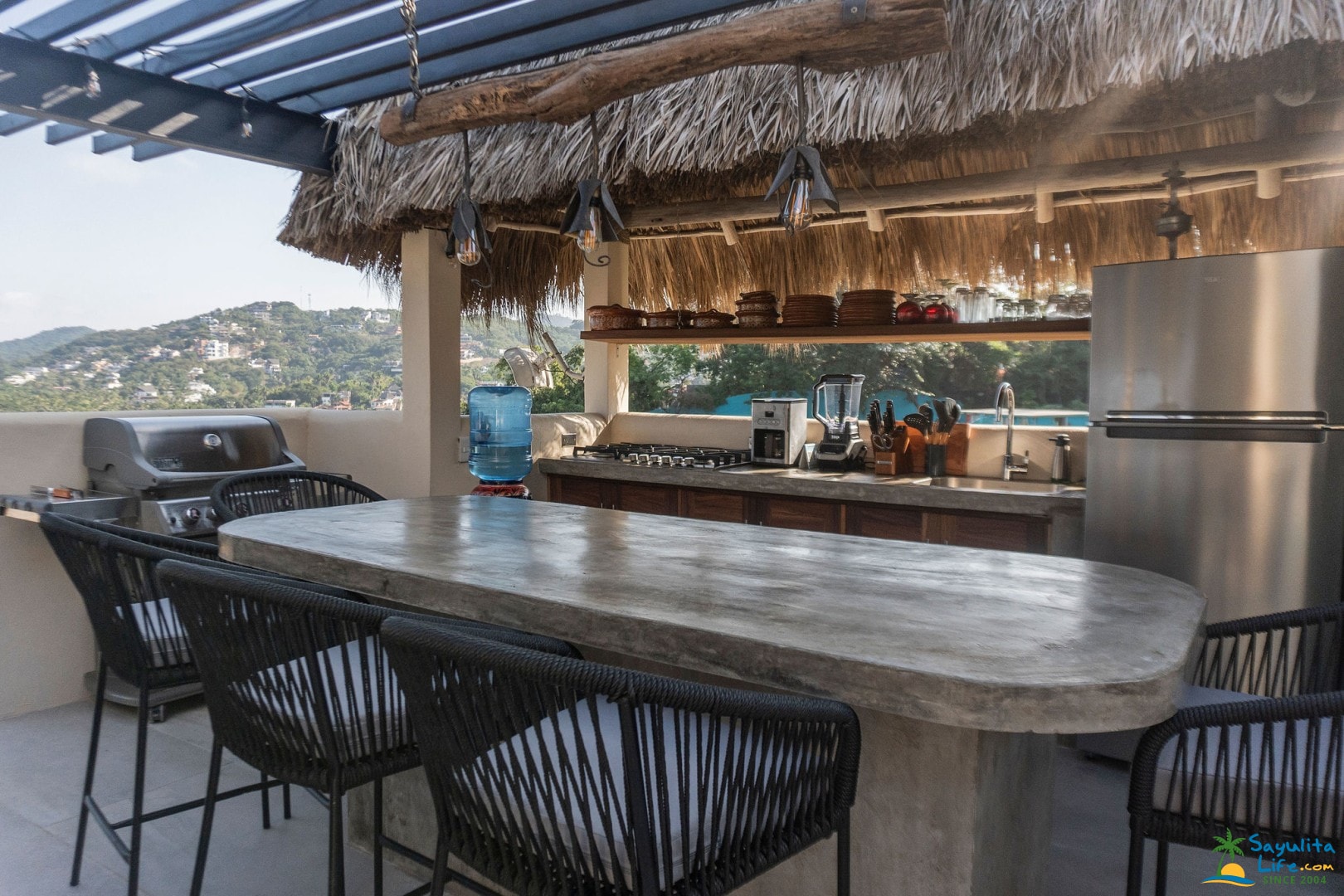 Open-air palapa kitchen and dining terrace