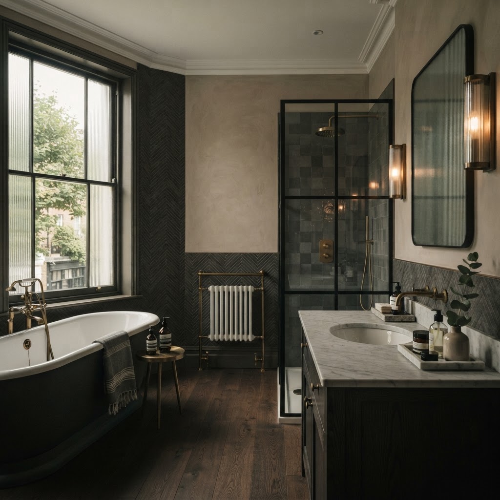Refined bathroom mixing classic vanity/detailing with modern finishes.