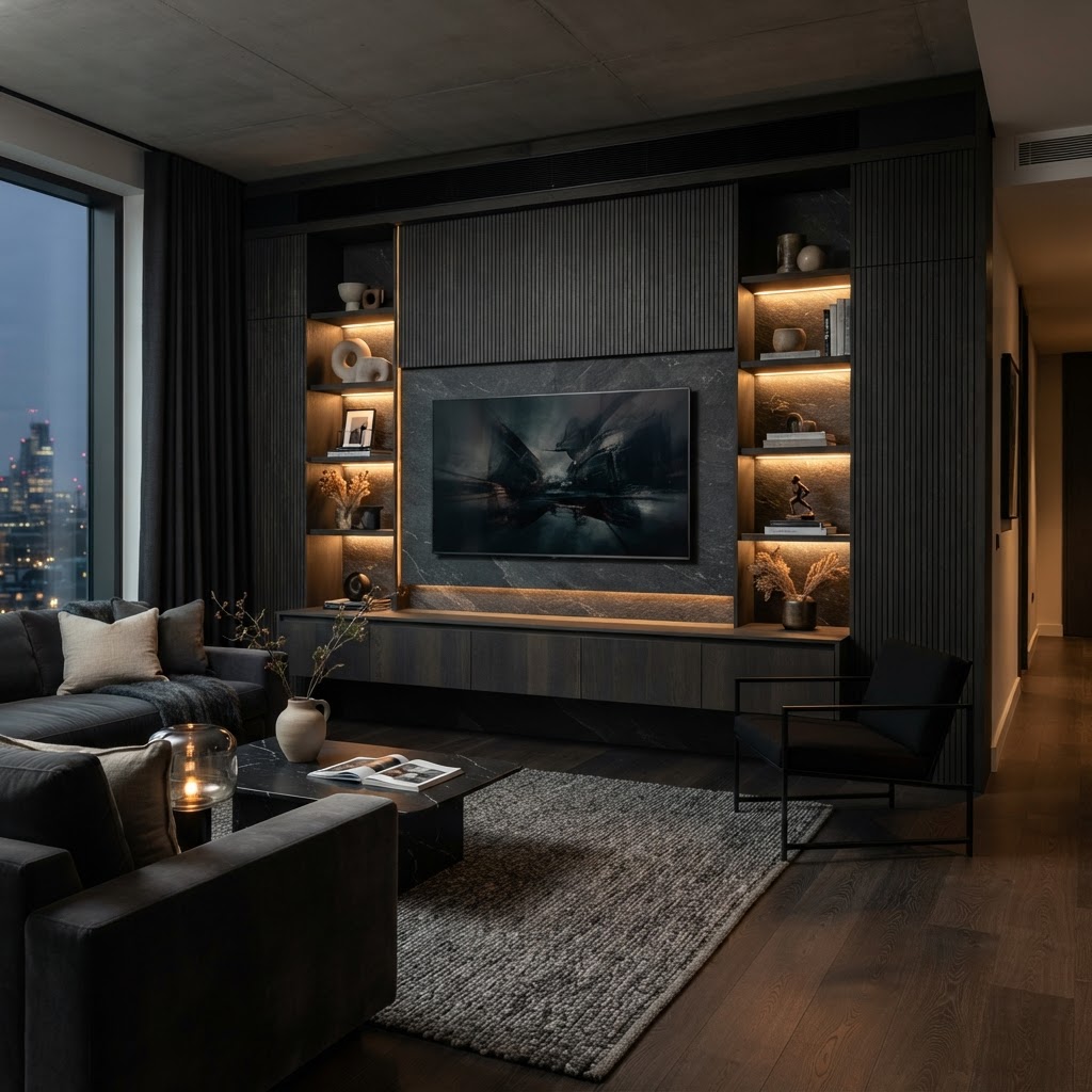 TV set within design-led feature wall.