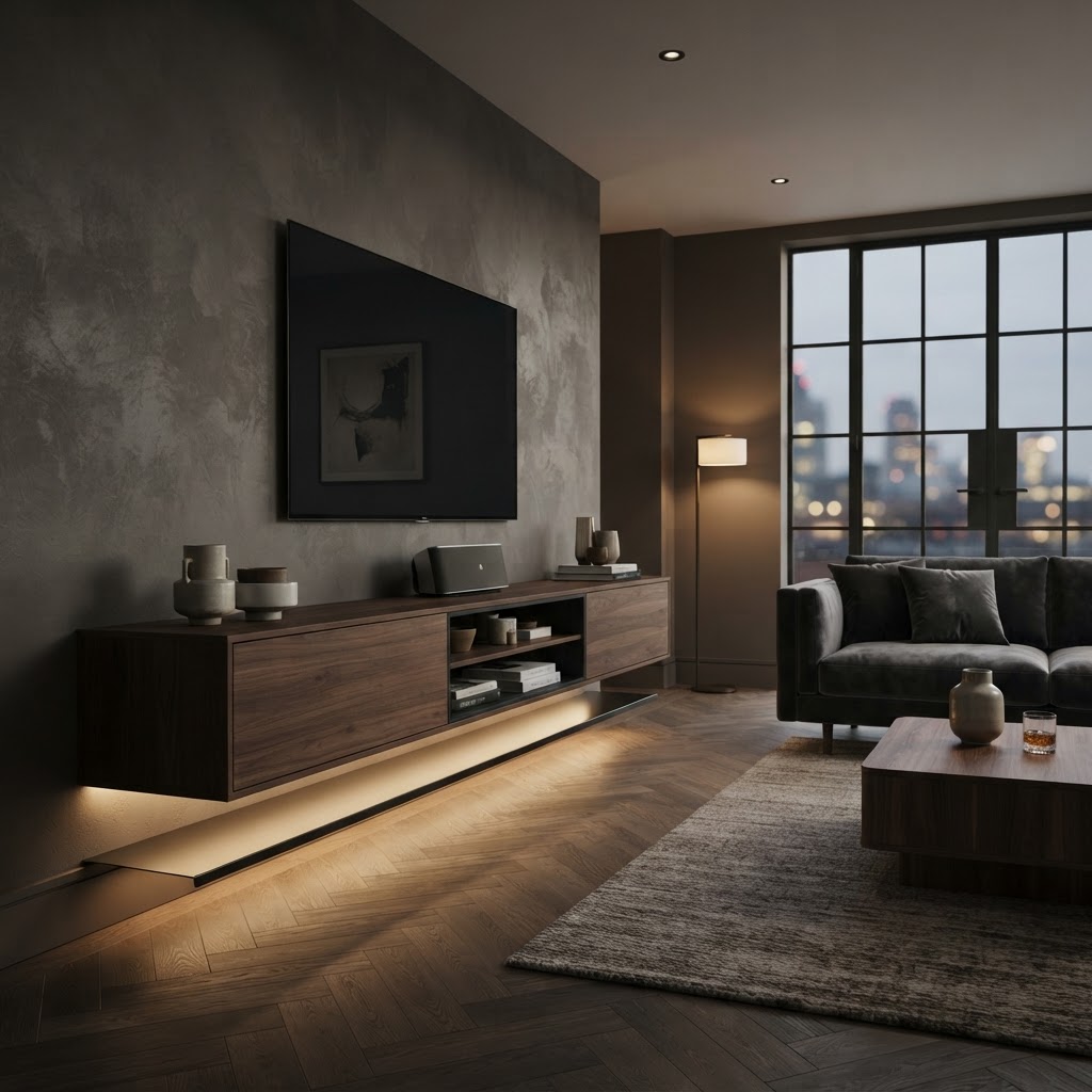 Long floating media unit beneath a wall-mounted TV.