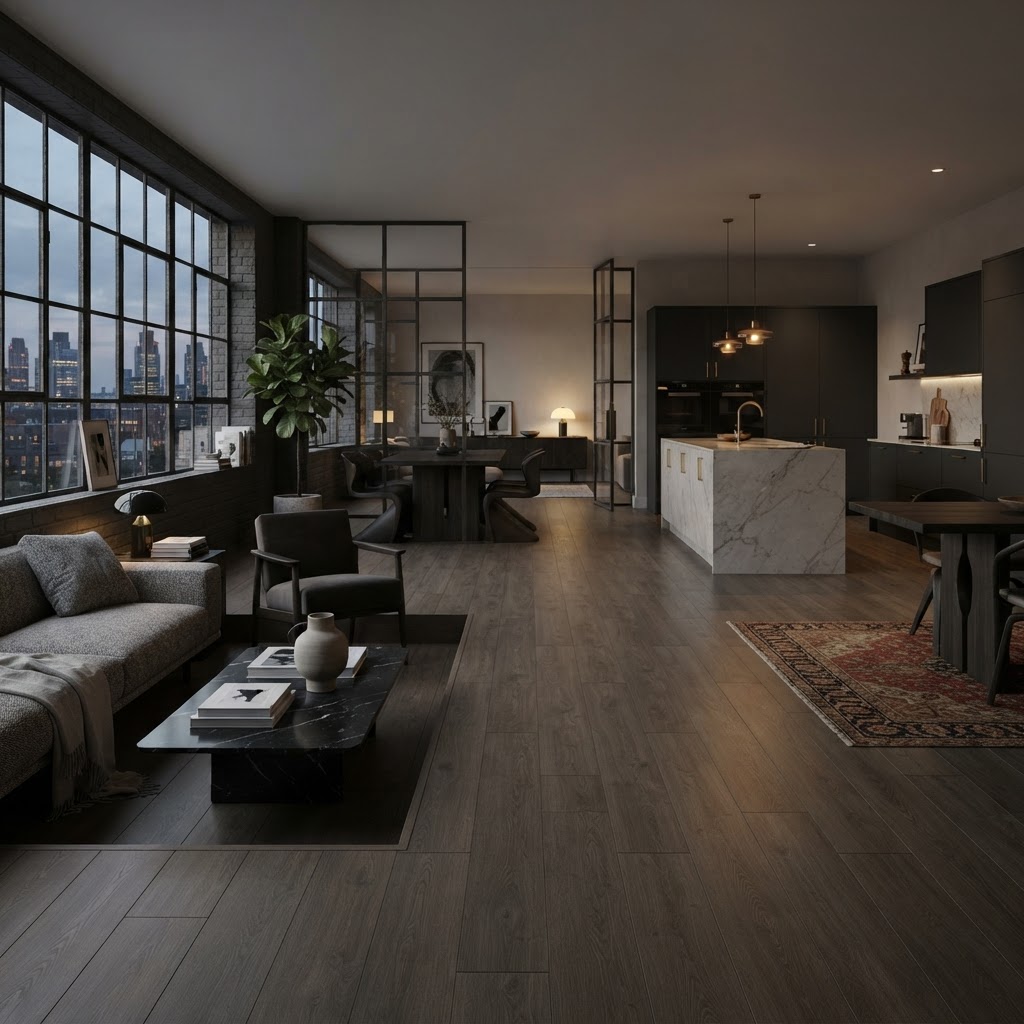 High-end glue-down LVT in open-plan interior.