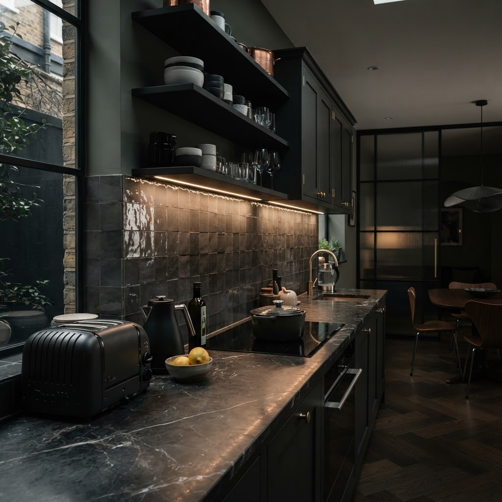 Stylish tiled splashback behind worktop.