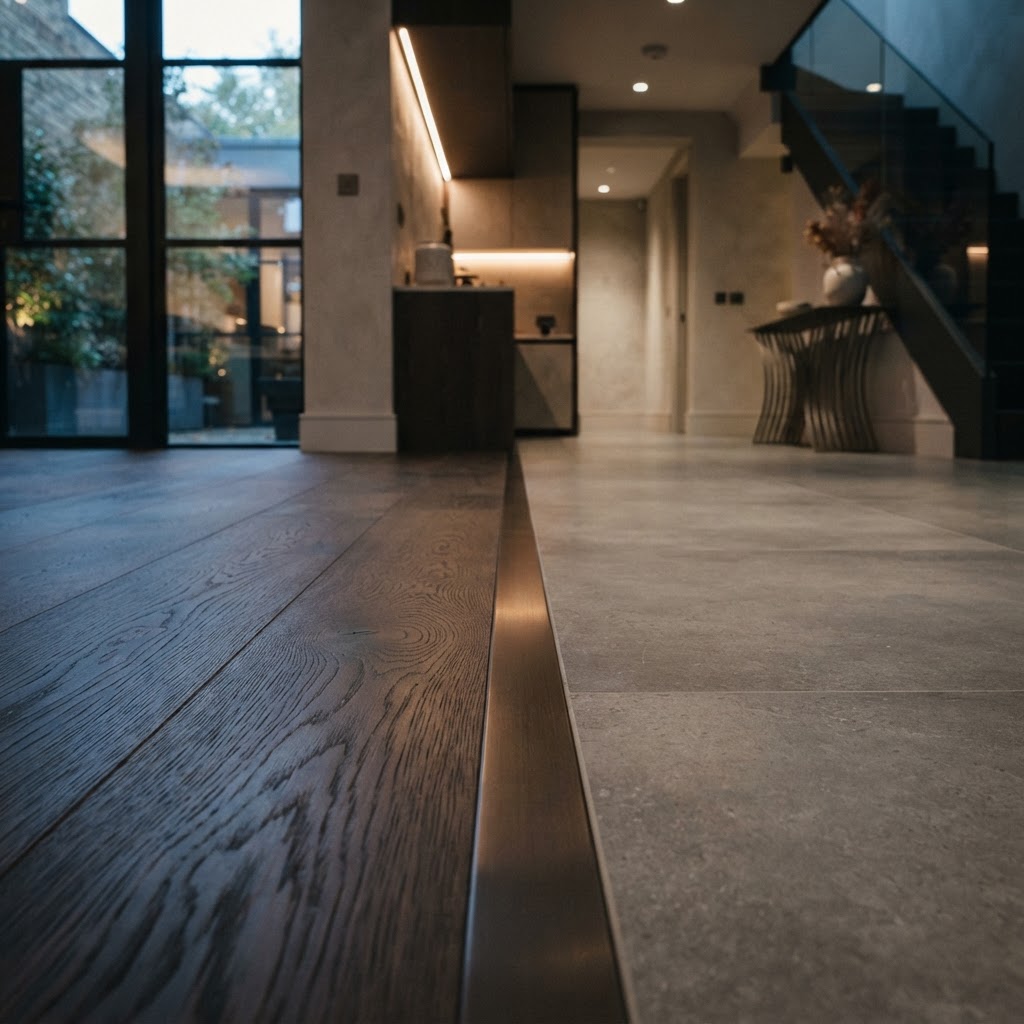 Close-up of neat transition between two floor finishes.