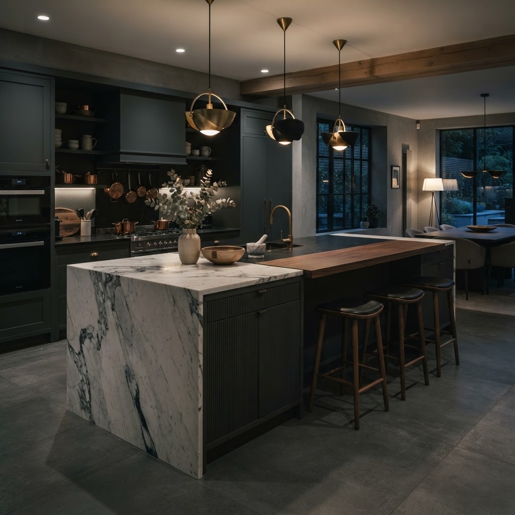 Large contrasting kitchen island with pendant lighting.