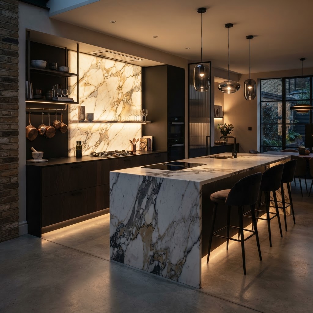 Existing kitchen elevated by statement island and splashback.