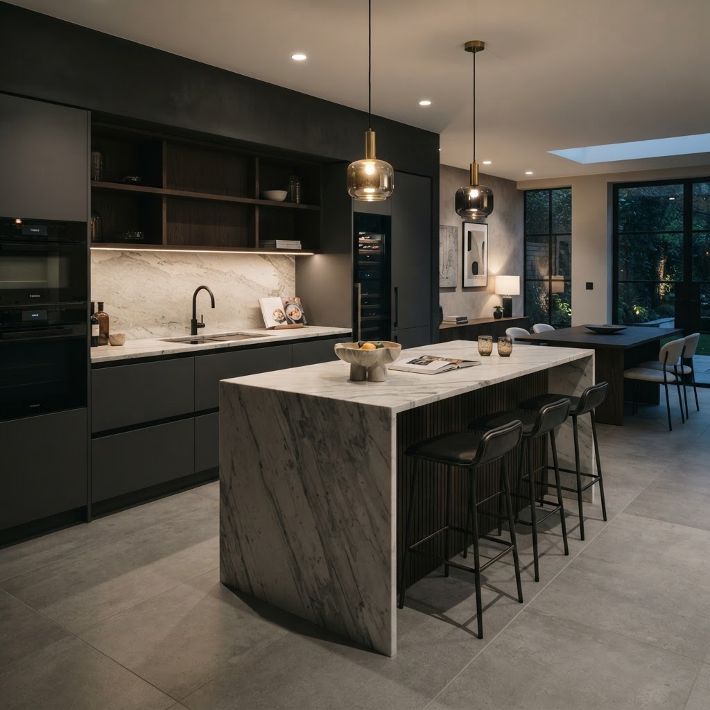 Two-tone kitchen with contrasting island.