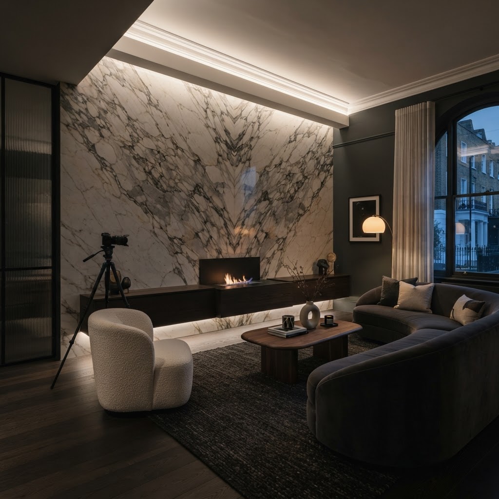 Dramatic marble/stone-effect feature wall in premium living room.
