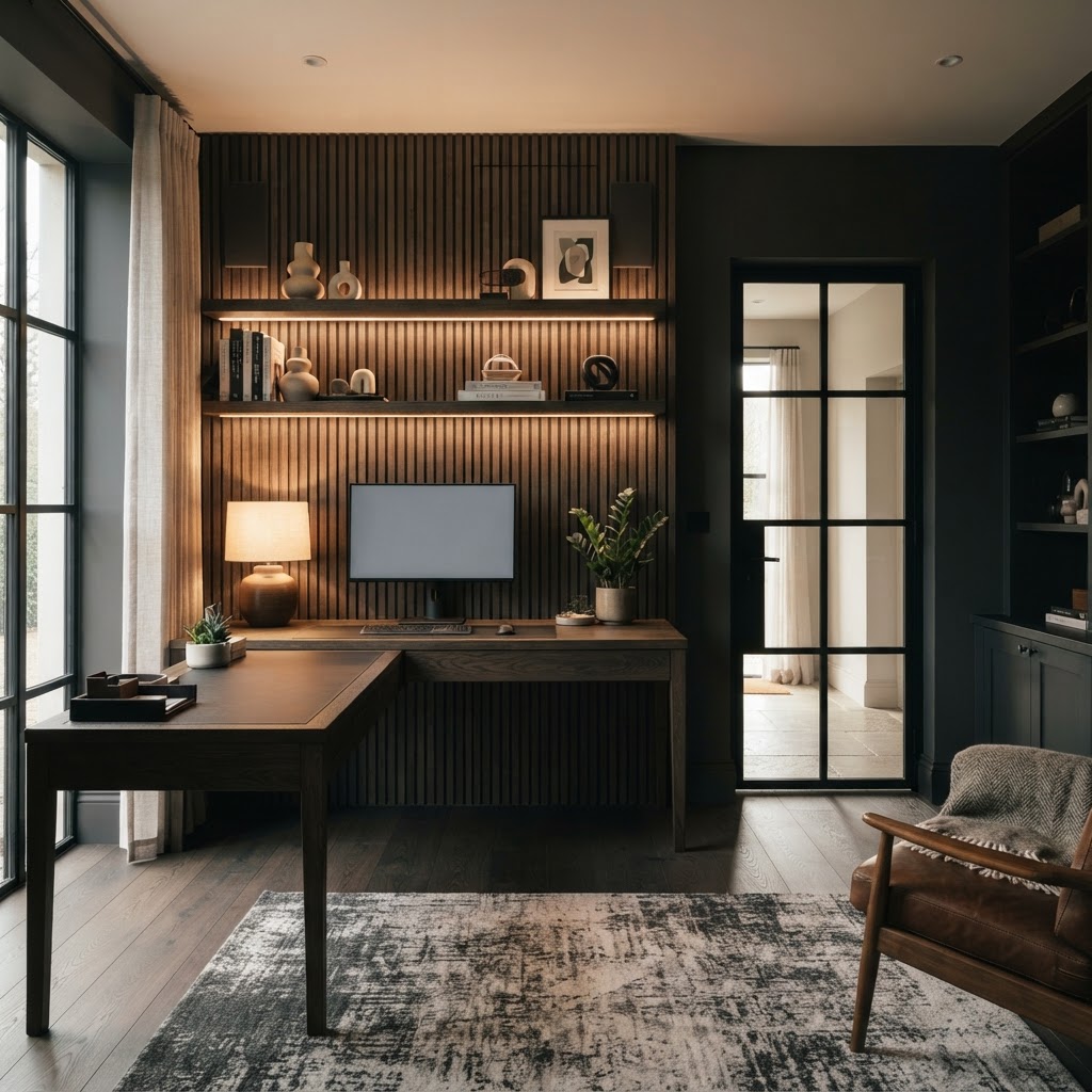 Home office with slatted or moulded feature wall.