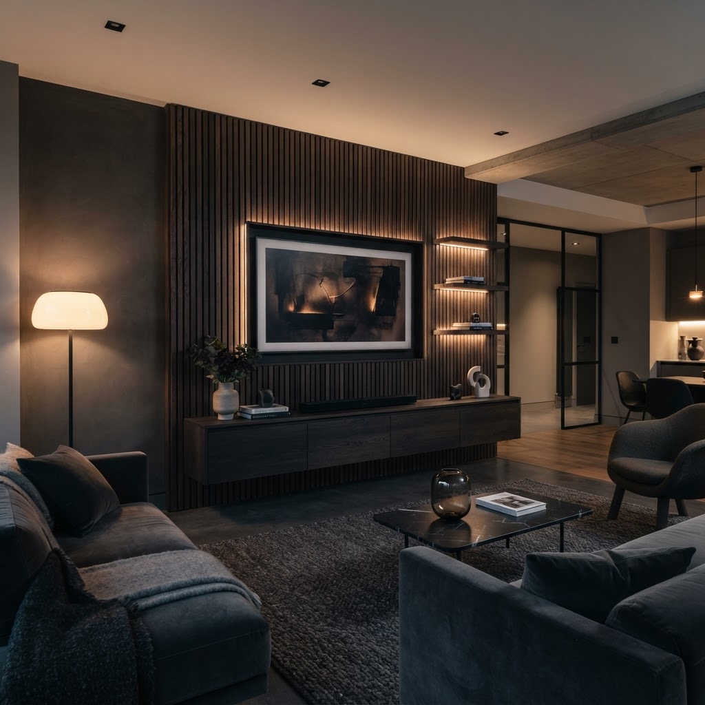 Dark timber slatted media wall with TV, warm ambient lighting and contrasting smooth sections.