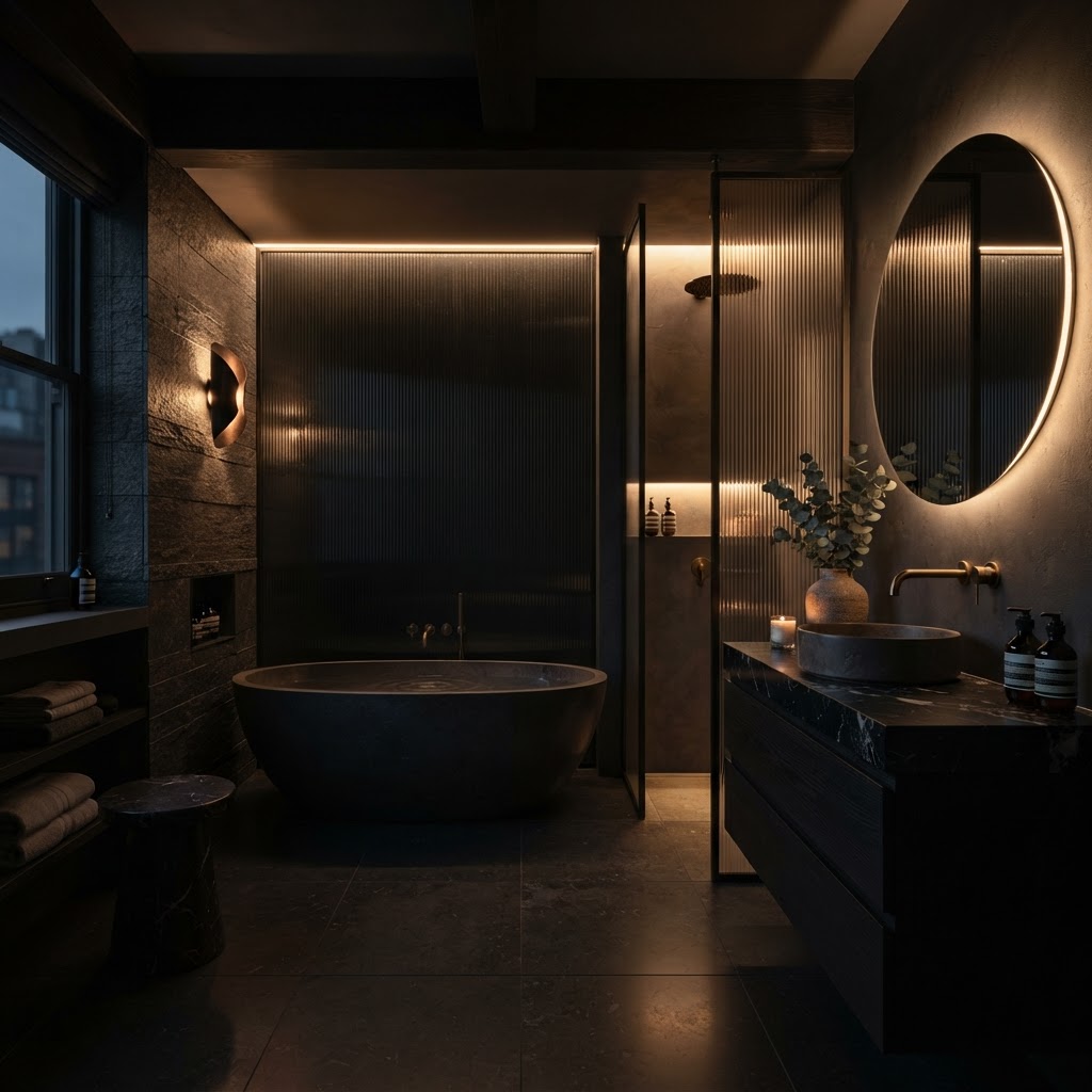 Dark luxury bathroom with atmospheric lighting.