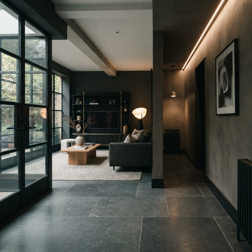 Continuous flooring through hallway into living space.