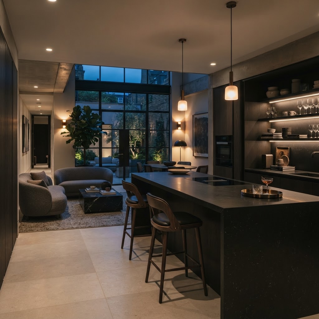 Island with stools and people-oriented seating arrangement.