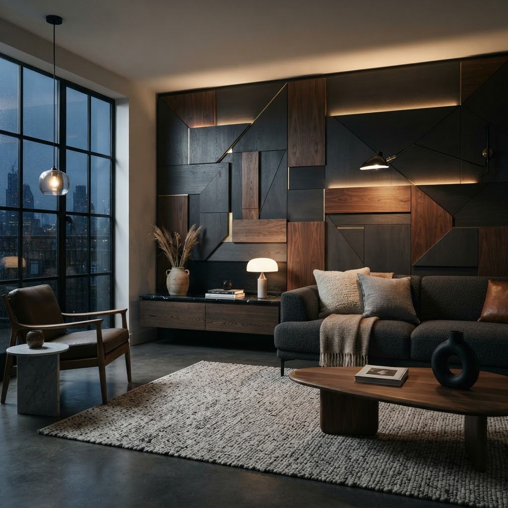 Contemporary geometric panelled feature wall behind sofa.