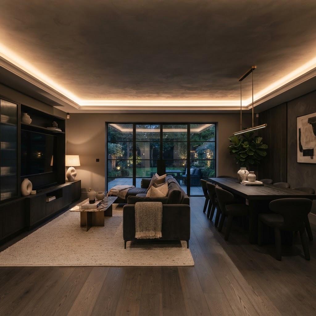 Contemporary room with warm indirect LED coving around ceiling perimeter.