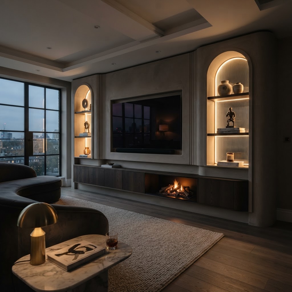 Luxury media wall featuring curved edges or arched illuminated niches.