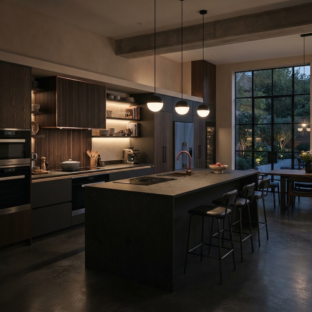 Warm modern family kitchen.