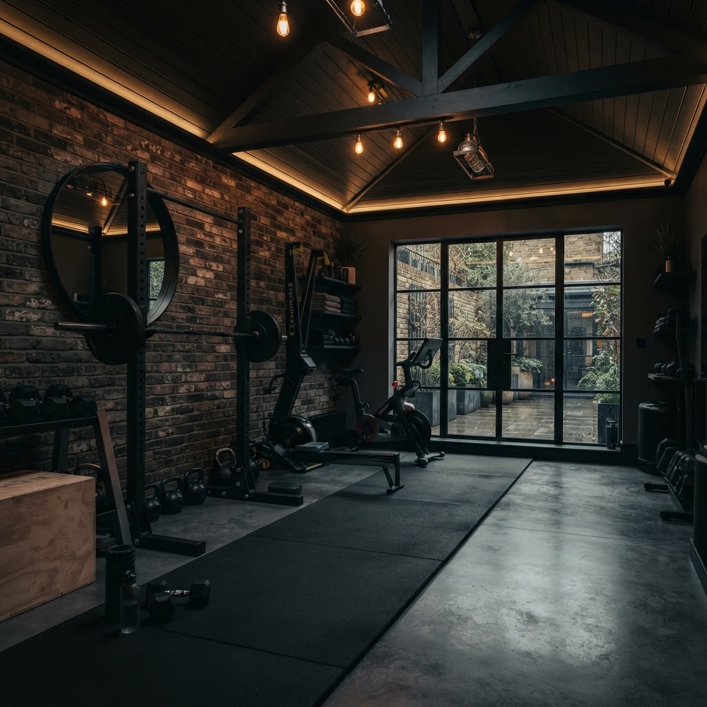 Stylish residential gym in converted garage.