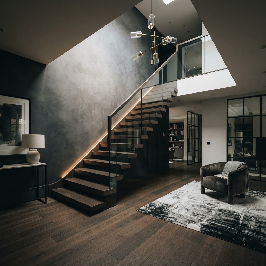 Contemporary staircase coordinated with floor below.