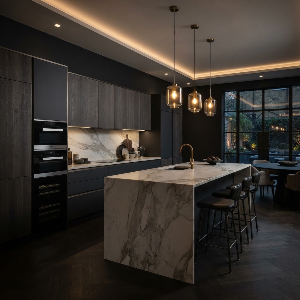High-impact dark luxury kitchen.