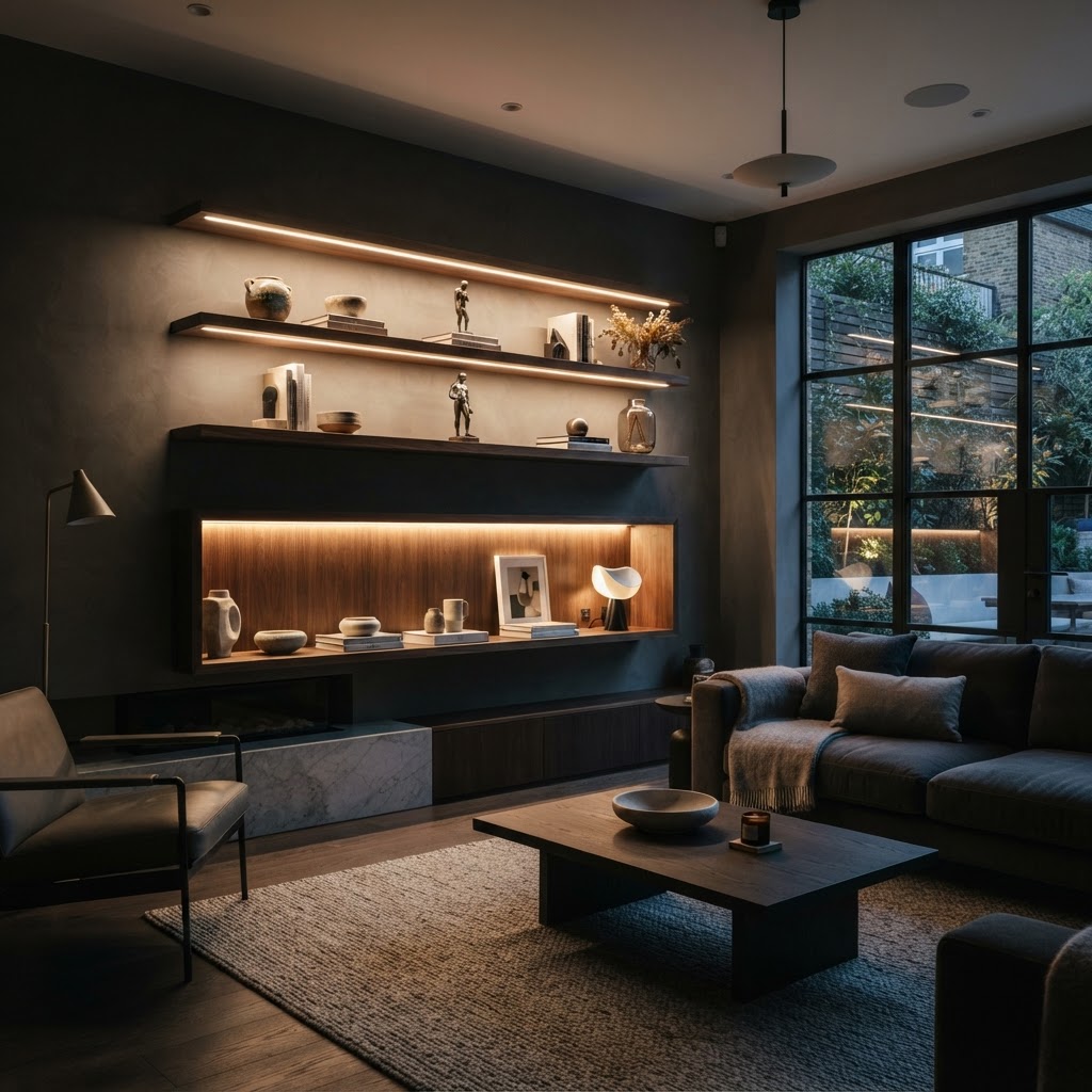 Illuminated floating shelves and recessed display niches.