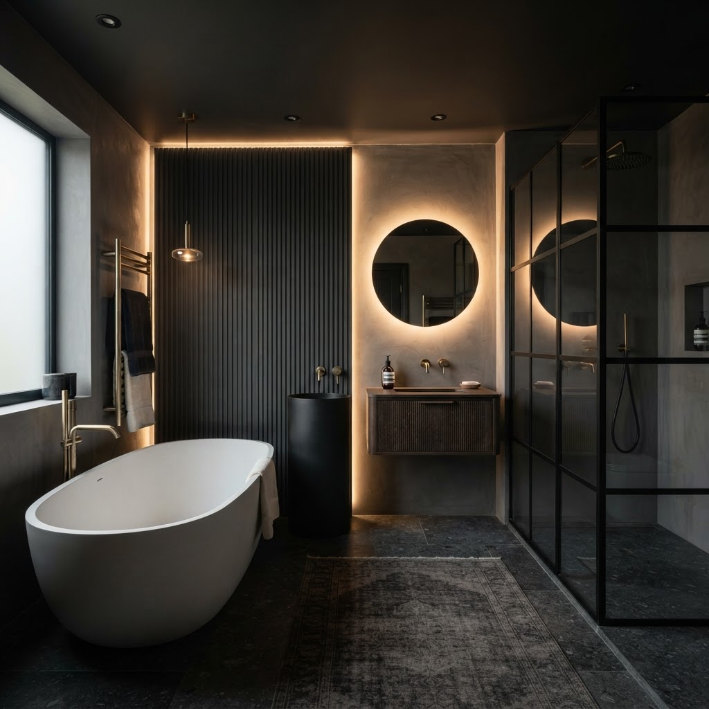 Contemporary bathroom with decorative wall panels.