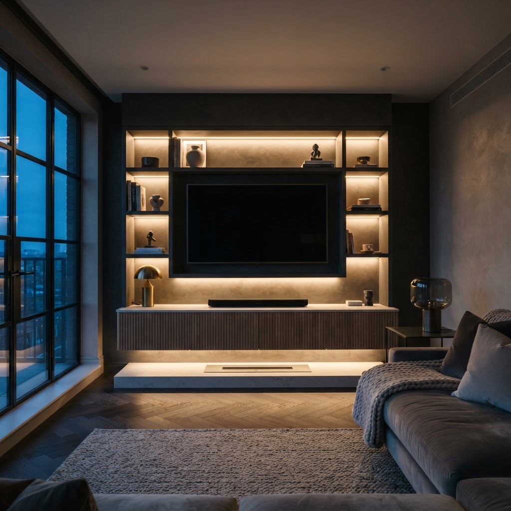 Media wall photographed at dusk with warm indirect LED illumination.