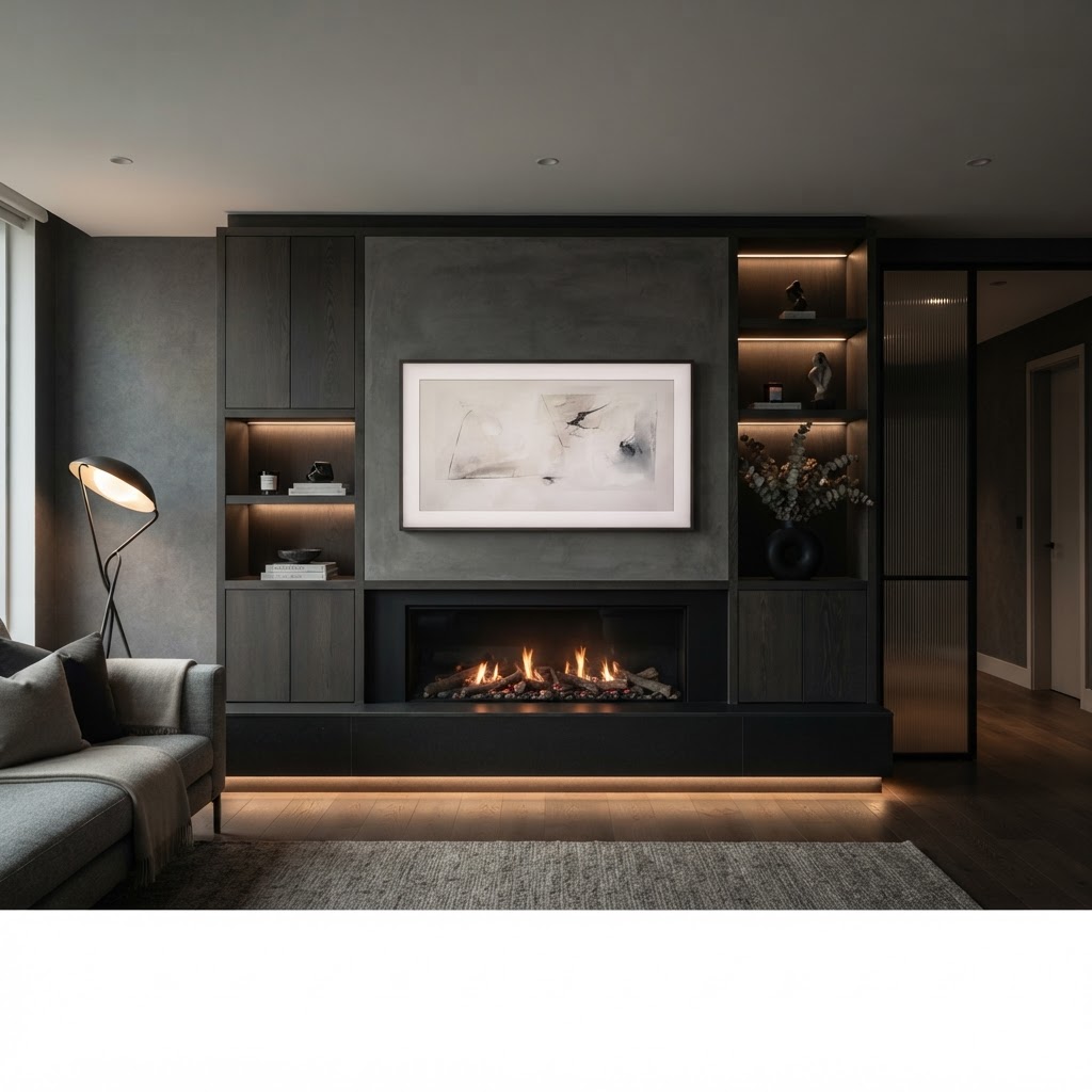 Wide contemporary media wall with centred TV and linear electric fireplace below.