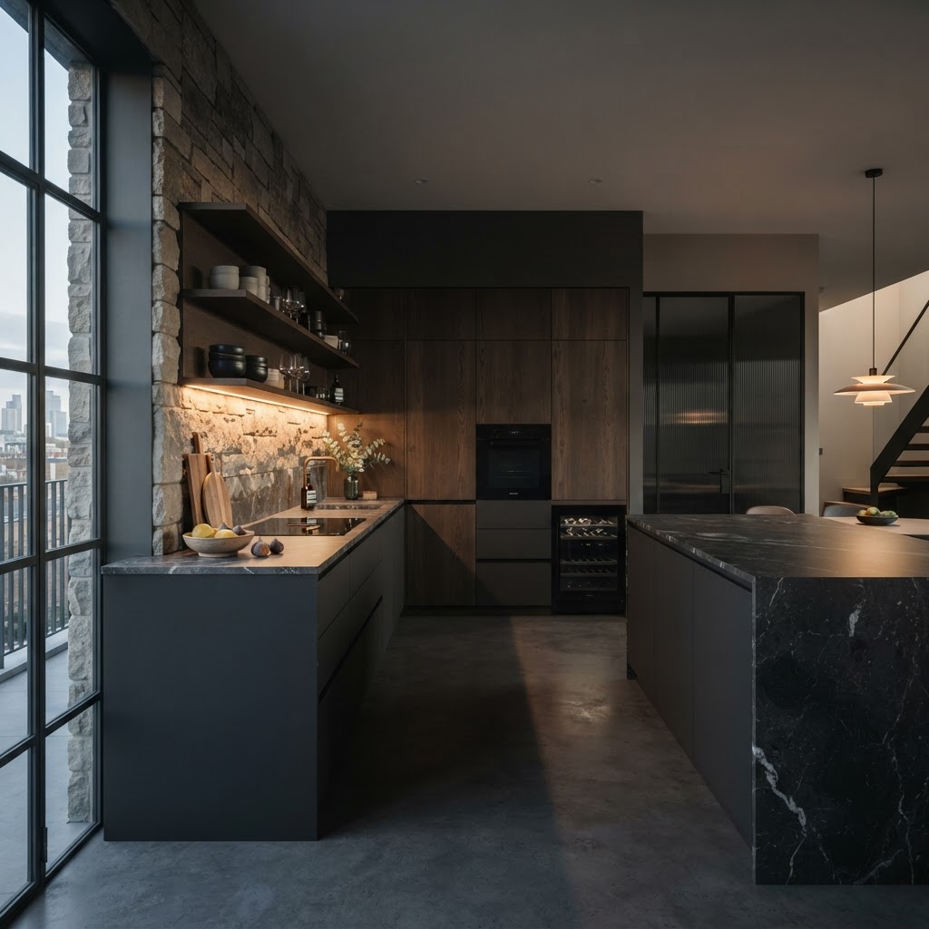 Handleless minimalist kitchen.
