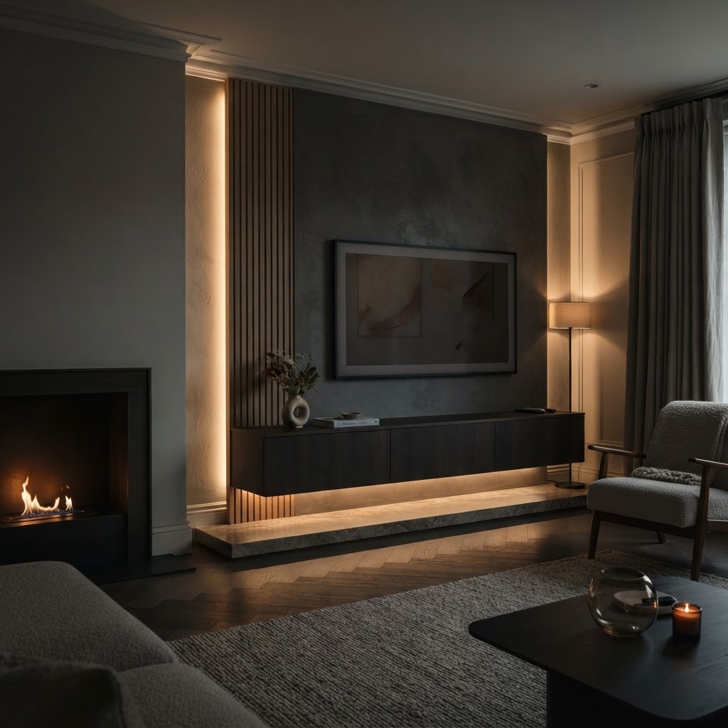 Contemporary TV-only media wall with floating unit and subtle side lighting.