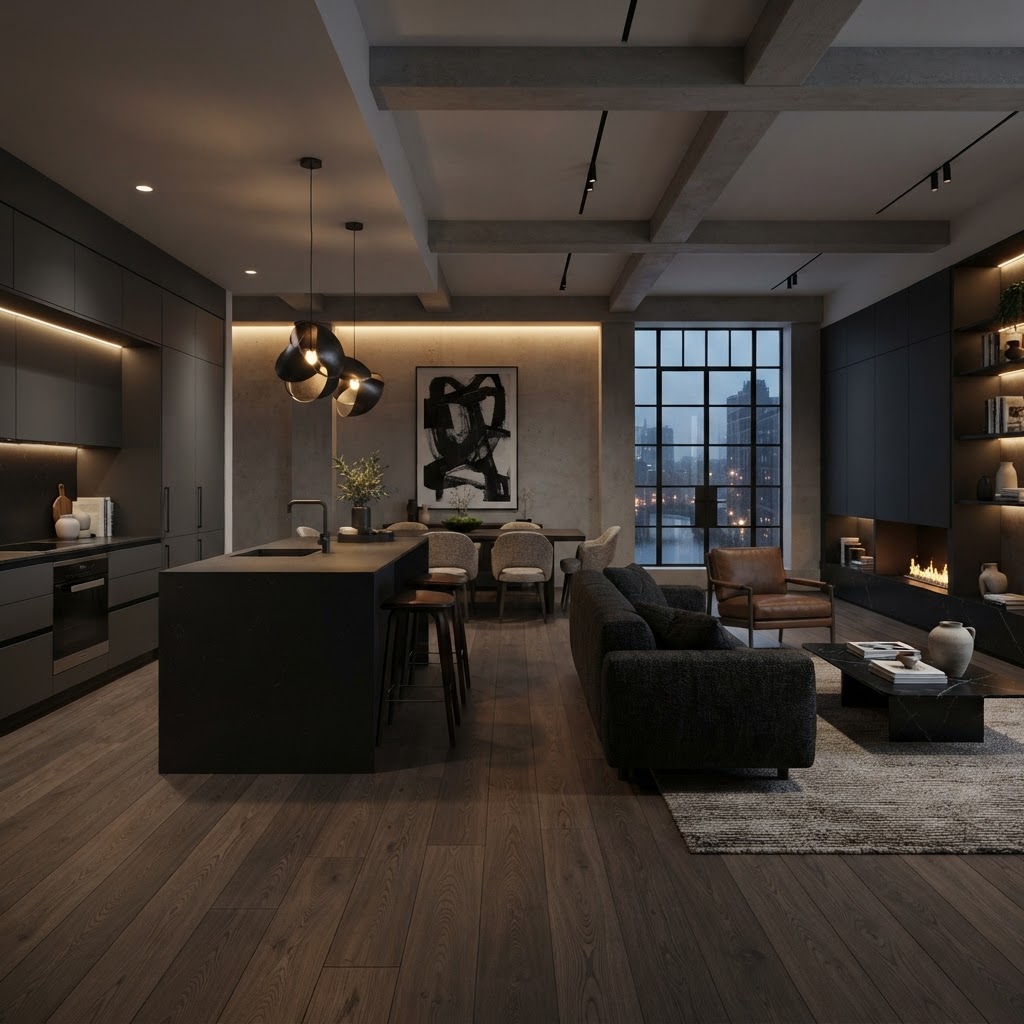 Continuous floor through kitchen/living/dining area.