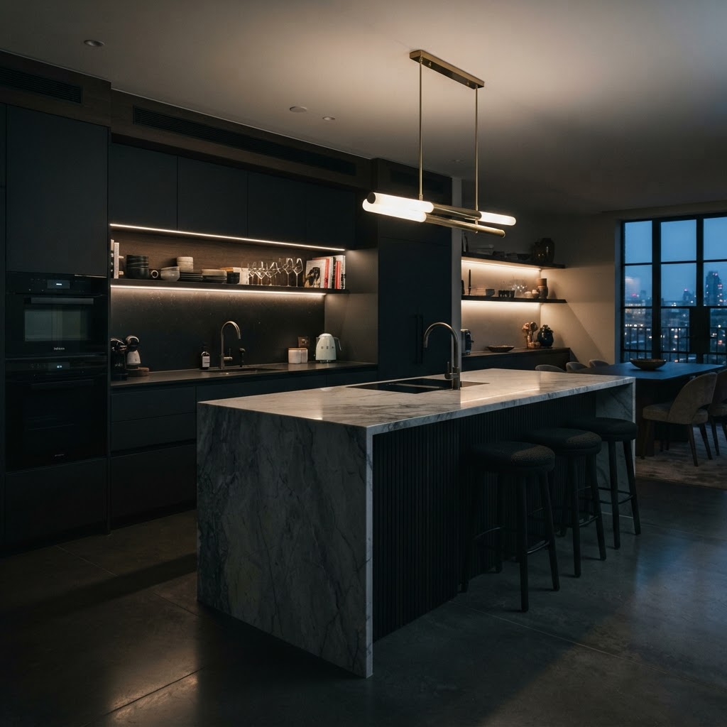 Dark charcoal kitchen with warm lighting.