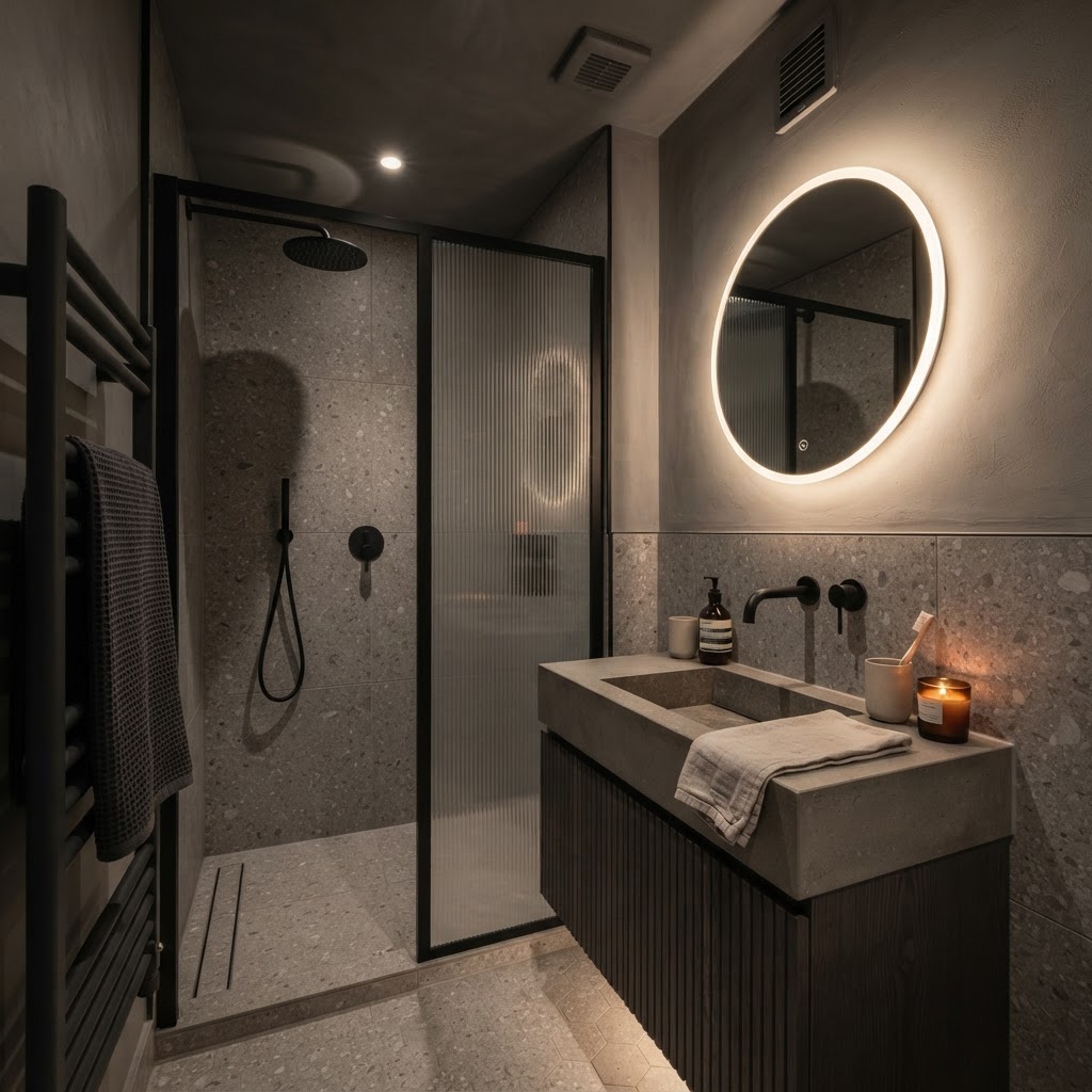 Small tonal bathroom with coordinated finishes.