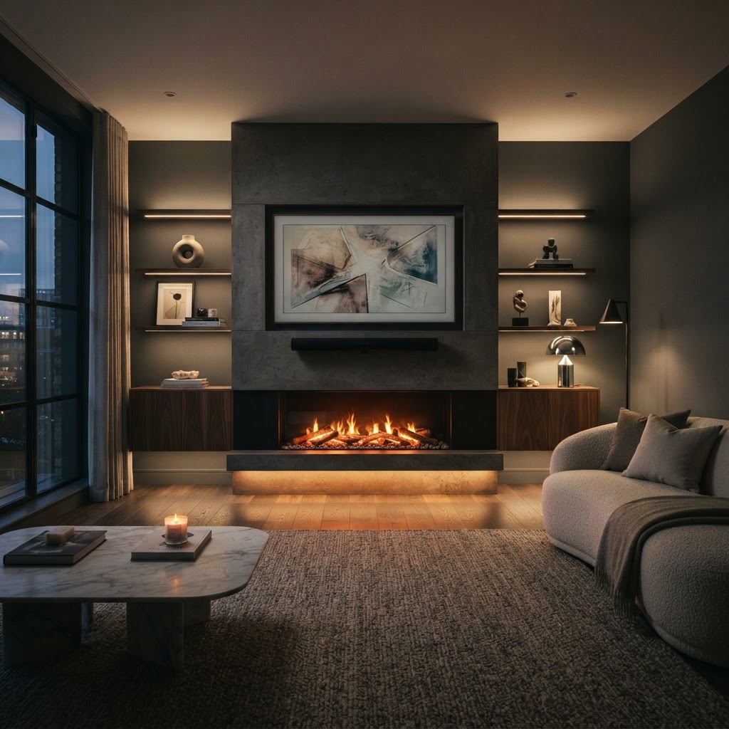 Luxury TV media wall with wide electric fireplace directly beneath.