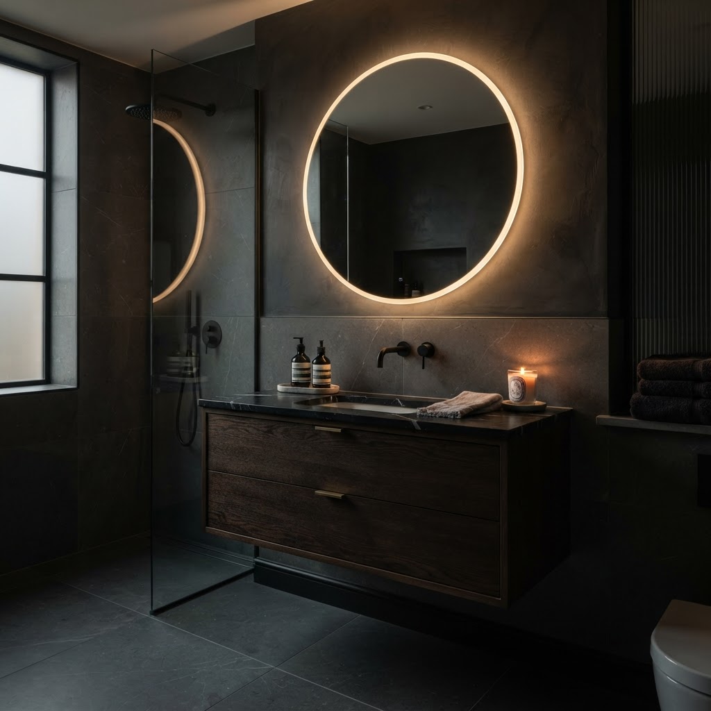 Floating vanity with basin and illuminated mirror.