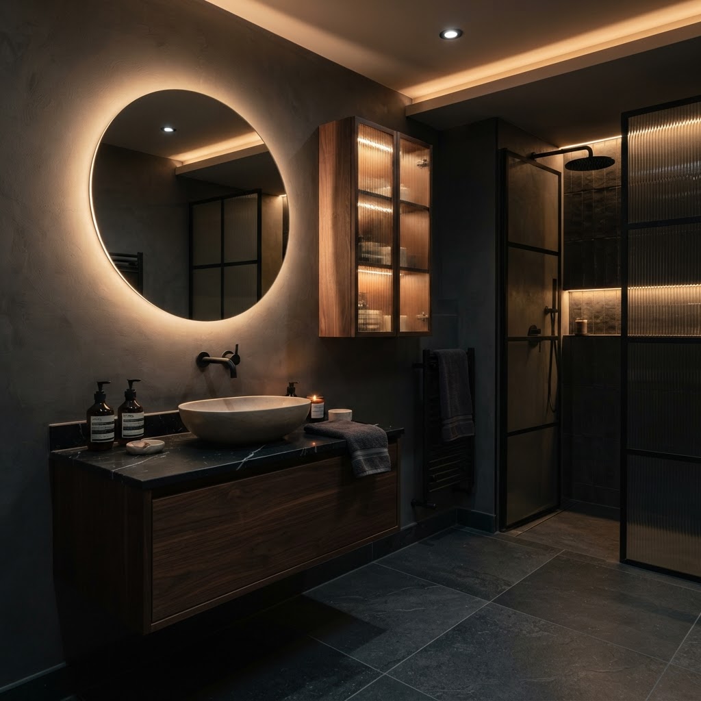 Compact bathroom with floating vanity and wall cabinet.
