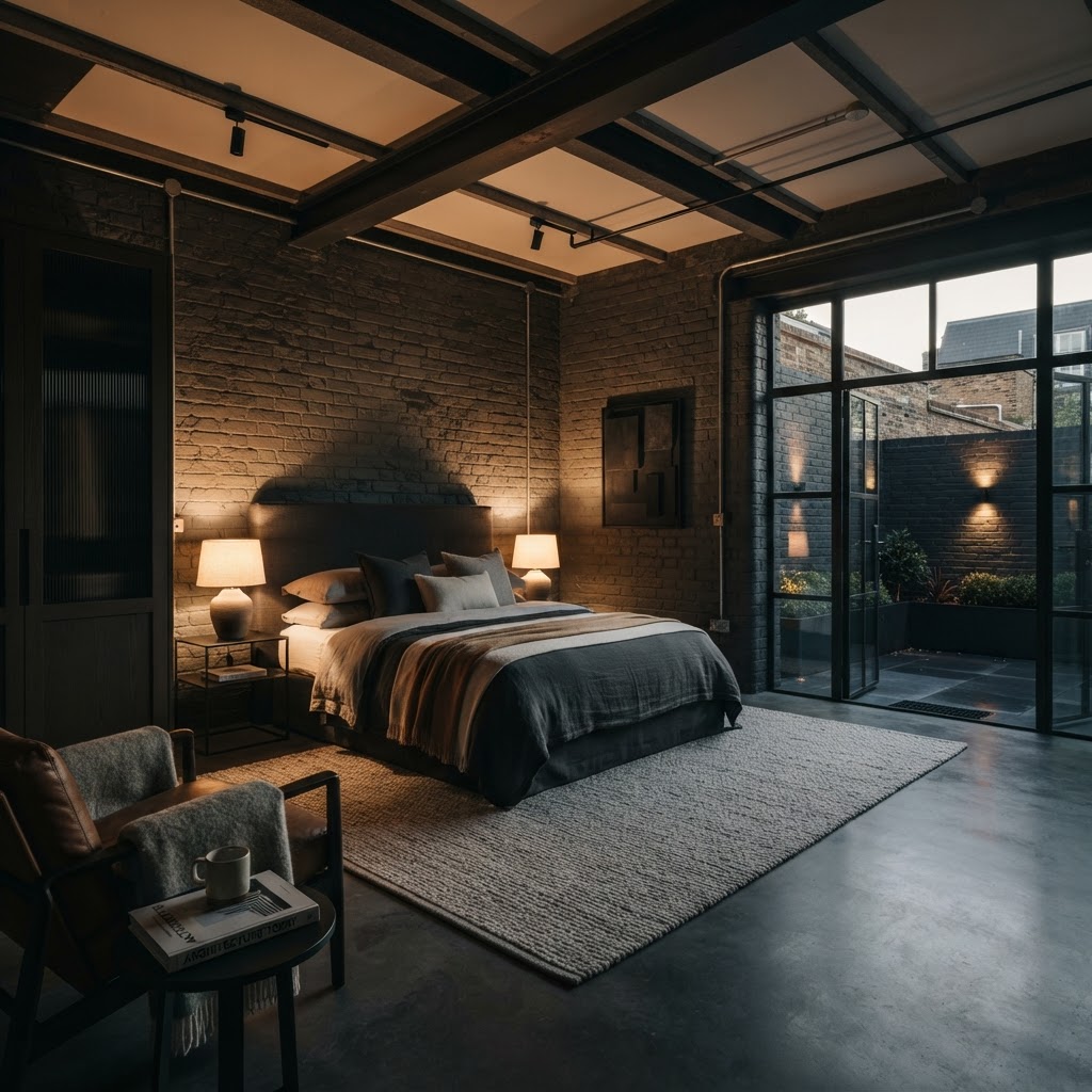 Warm contemporary bedroom clearly created within former garage proportions.