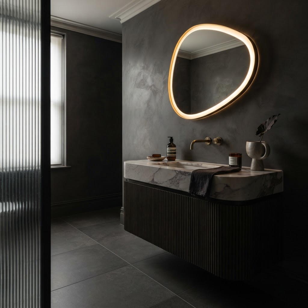 Distinctive vanity against complementary wall finish.