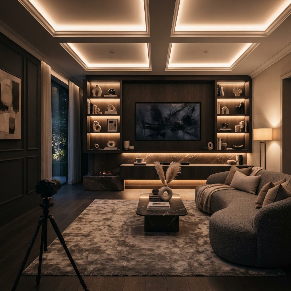 Premium living room with integrated media-wall and ceiling LEDs.