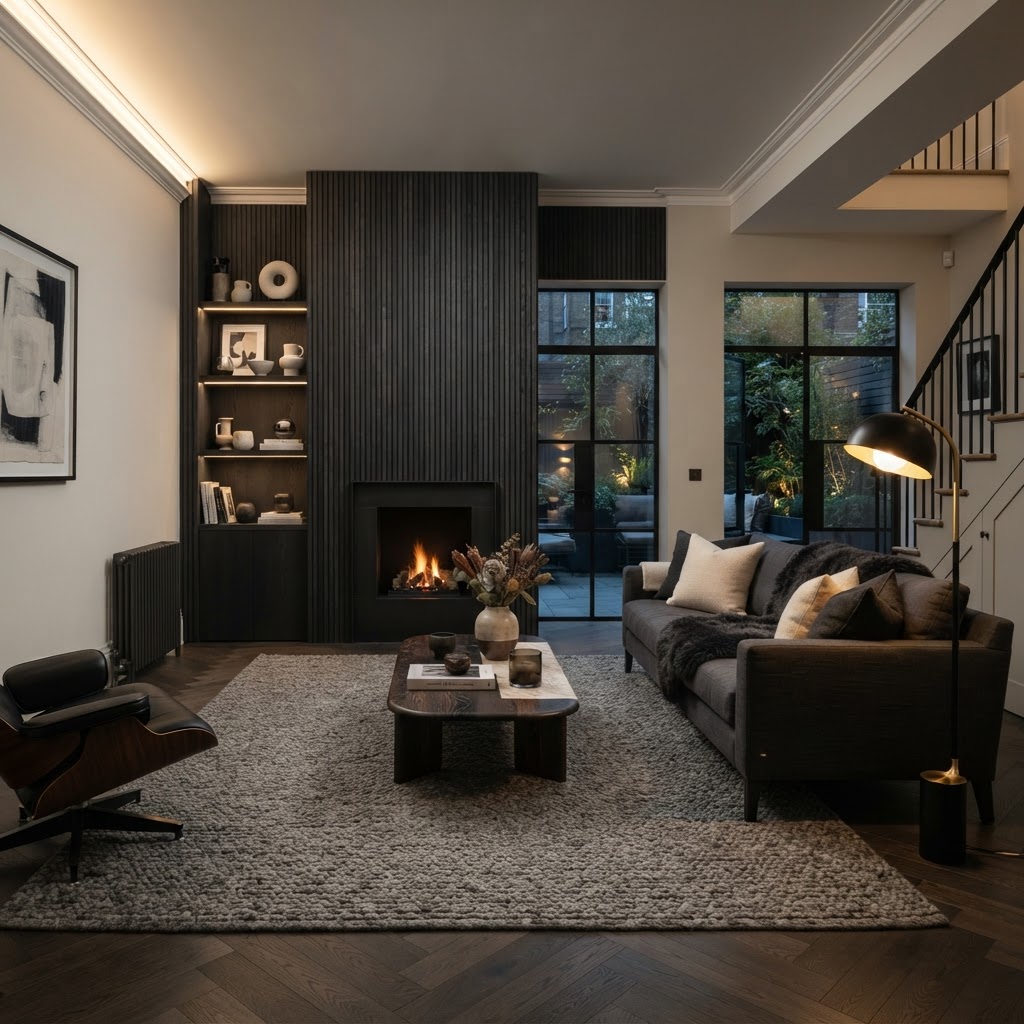 Stylish interior with sophisticated contrasting feature wall.