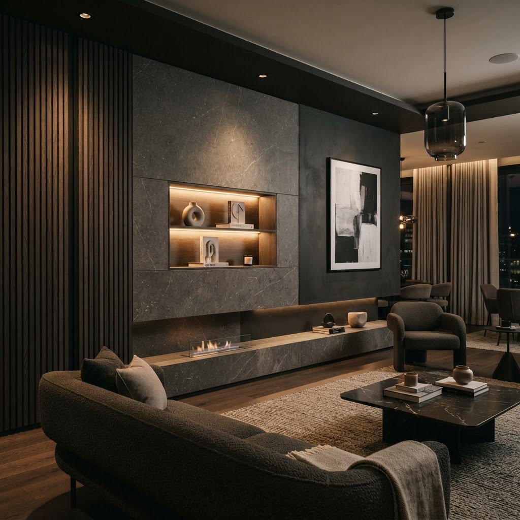 Feature wall combining slats, stone-effect surface, smooth painted areas and lighting.