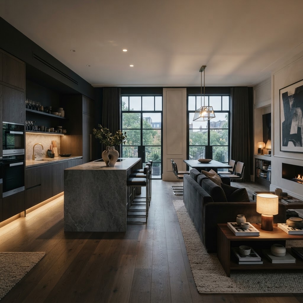 Cohesive open-plan kitchen/living space.